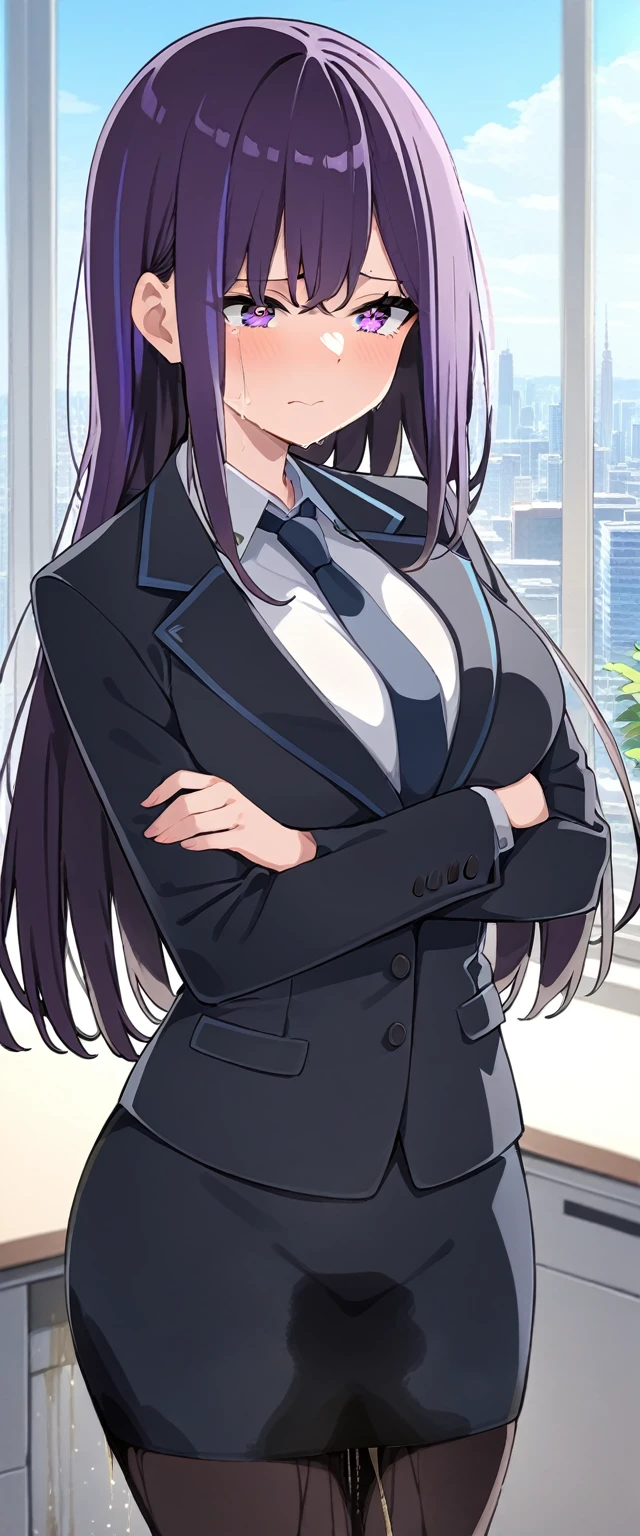 (masterpiece:1.37), best quality, (extremely detailed:1.37), (1girl:1.5), woman, (mature:1.5), (adult:1.5), large breasts, very long hair, (straight hair:1.5), (very dark purple hair:1.5), purple eyes, (extremely detailed eyes:1.37), business suit, necktie, very long (pencil skirt:1.5), pantyhose, desperation, (wetting self:2.0), standing, embarrassed, humiliation, blushing, angry, (crossed arms:1.5), office, indoors, window, cityscape, full body