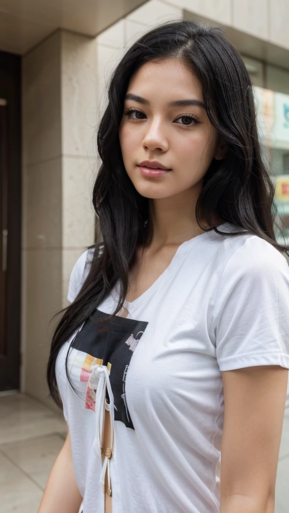 I want a real face of a white woman with wavy black hair with pretty Asian features