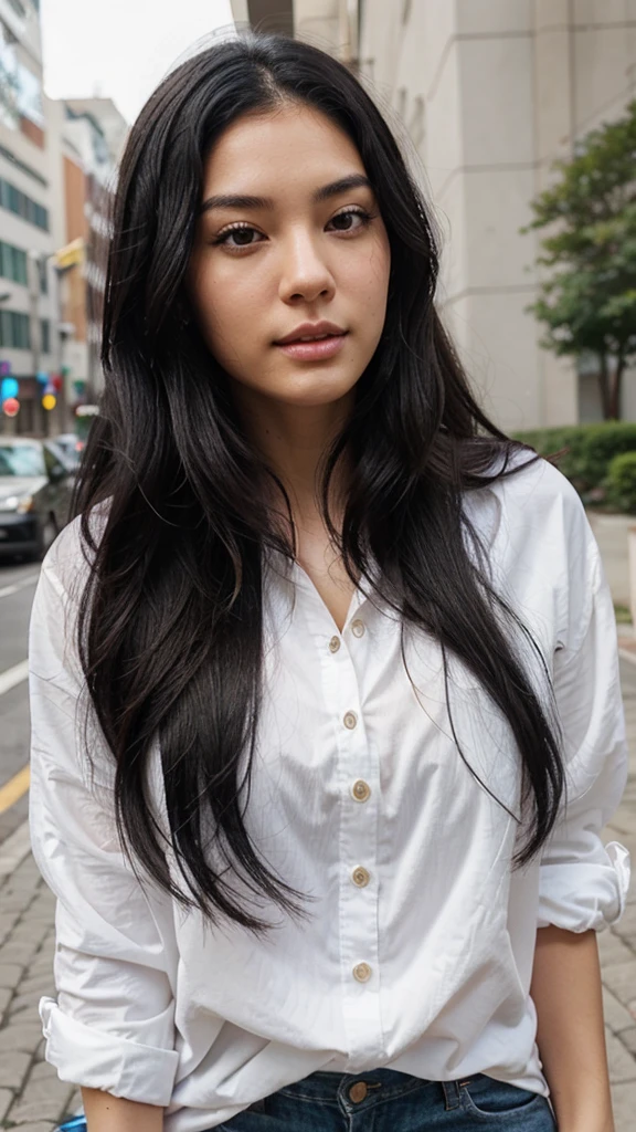I want a real face of a white woman with wavy black hair with pretty Asian features