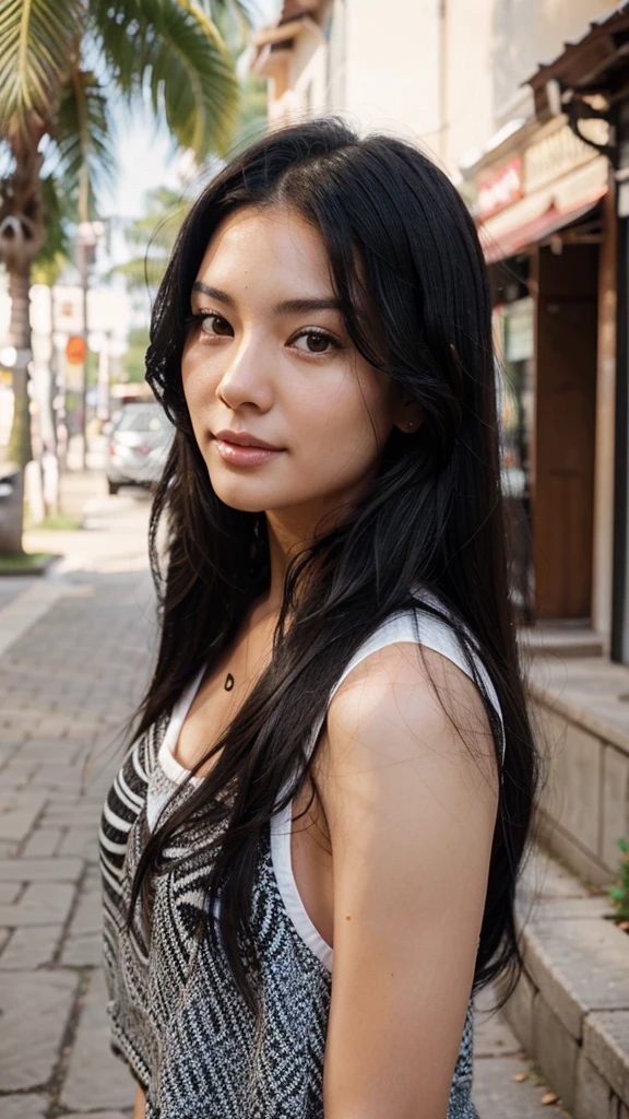 I want a real face of a white woman with wavy black hair with pretty Asian features