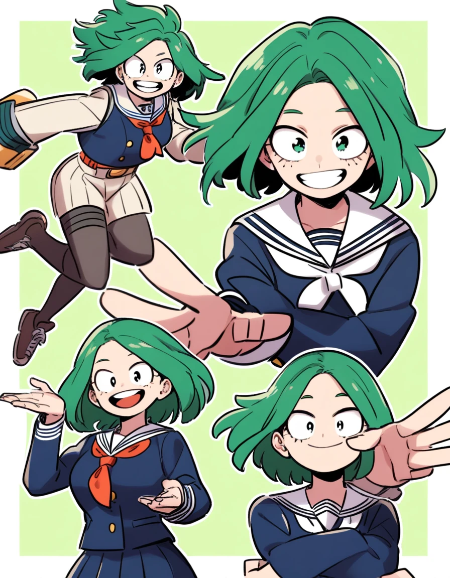 girl,blazer,my hero academia,semi-long,green hair,cheerful,smile,throwing kiss,sailor suit