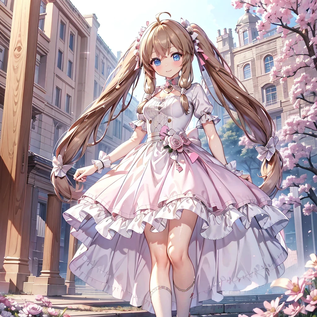 Passport photo, full body, focus on foot, front view, kawaii girl, blue eyes, light brown hair, stand in front the camera, neutral pose, long twintails, braids, princess dress, smile, high resolution, best detailed face and eyes, masterpiece, best quality, white background 