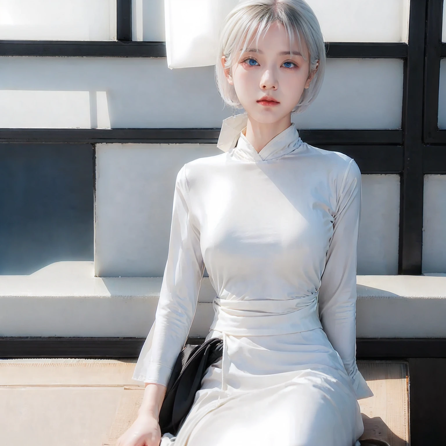 1girl, short white hair, blue eyes, wearing plain white shirt, black traditional japanese clothing, absurdres, high res, ultrasharp, 8K, masterpiece