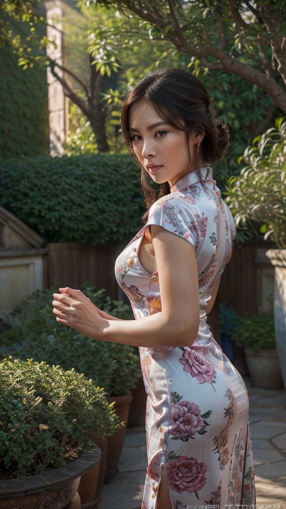 Masseter muscle film, top quality, Masterpiece, high resolution, Realism, original photography, 8k wallpaper, flawless, professional lighting, Very detailed, depth of field, ((a beautiful woman)),((chinese woman)) ((50 year old sexy woman)), (By the garden path), ((Dresses with gorgeous colors and patterns)), ((Look into the audience's eyes)), Detailed face, beautiful eyes, (elegant standing posture), Medium chest and good figure, light brown straight hair, (thick lips),