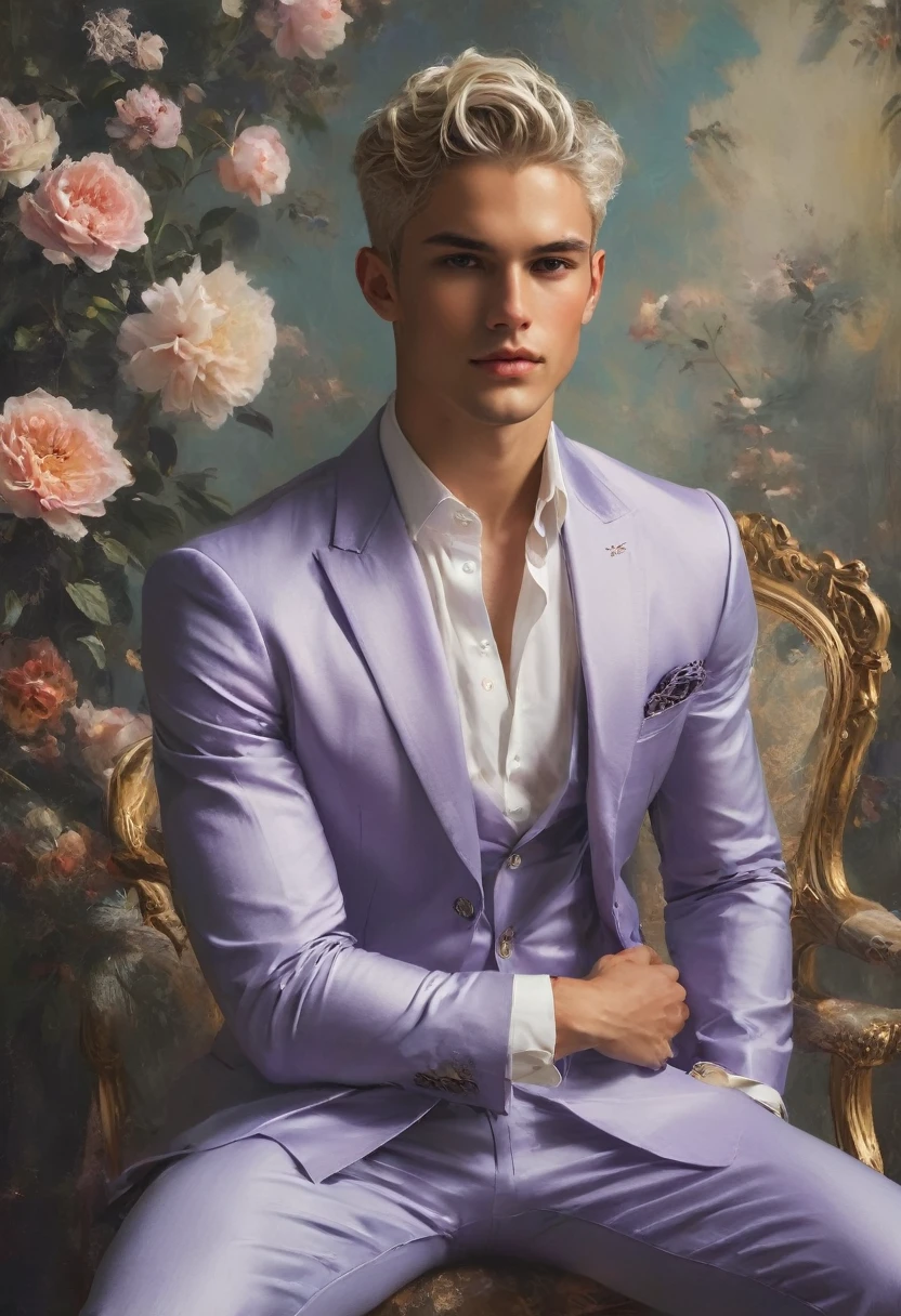 Candid Vogue fashion editorial shot of mixed male supermodel, 23 year old, short platinum silver hair, masculine appearance with slender physique, symmetric face, natural olive skin tone, exudes youthfulness and athleticism, he is very photogenic, Position against an ornate dark purple background featuring a floral painting wallpaper to add depth and richness to the scene, ((Depict Lucifer as a charismatic and sophisticated figure)), He is a striking presence with an air of mystery and intelligence. wears a well-fitted, light purple blazer over a white shirt, with dark jeans and stylish shoes. His demeanor is confident and charming, with a subtle hint of his divine origins in his calm and intense gaze. The background should be a modern, urban setting with a blend of sophistication and casualness, evoke the soft ethereal quality of the Renaissance style, raw photo, ((masterpiece)), (best quality), High Resolution, (ultra_realistic), photorealistic, ((Pay attention to the layer and arrangement of body parts and surrounding objects)), ((Pay attention to the body composition)), ((Correct body structure)), ((Correct photo distance)), romantic atmosphere, lively extremely Gorgeous background),