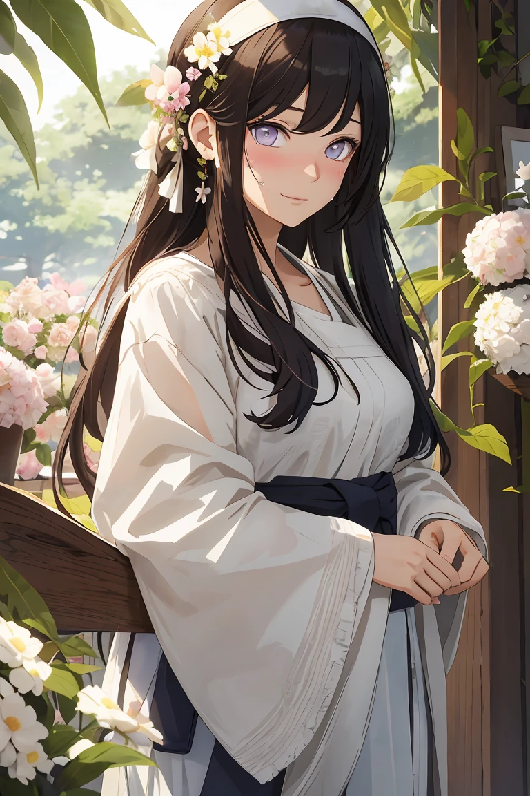 masterpiece， Very detailed， Best quality， Ultra-high resolution， 1 Girl， solo，（Ratio of Hyuga flowers：1），Long hair hanging down, Headband, Hana&#39;s purple eyes, Ponytail, beautiful, beautiful woman, Perfect body, Perfect breasts, View Viewer, Smile, realism, masterpiece, Textured Skin, Super Detail, High Detail, high quality, best quality, 16K，（Wear nurses，Nurse top），live in the hotel，Pick up the whip，With a long whip，Charming pose，（Wear black），（Sweating，大量Sweating，Blush Blush，blush，My face is covered with sweat，Blush Blush），（My face is sweating a lot，blush，Blush Blush，Blushing on the face）