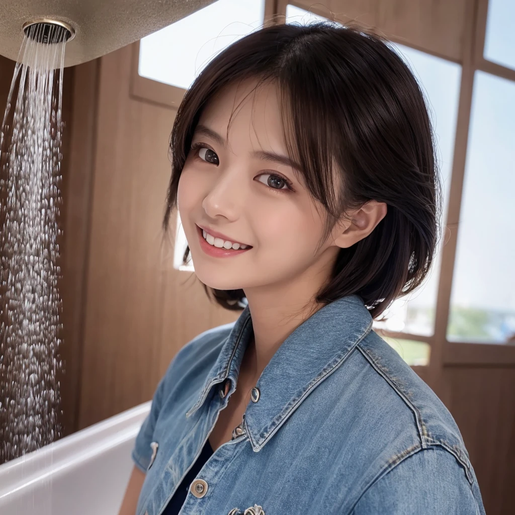HD detailed, Super detailed, Realistic,Hyperrealism,Best image quality、Highest quality、masterpiece、Ultra-high resolution、Like the picture:1.5、Professional Lighting、One Girl、18-year-old,Japanese women,Long sleeve、Button up your collar、Wearing a skinny denim shirt and jeans、A kind smile、Show the whole body、Baths、I take a shower、View from the side