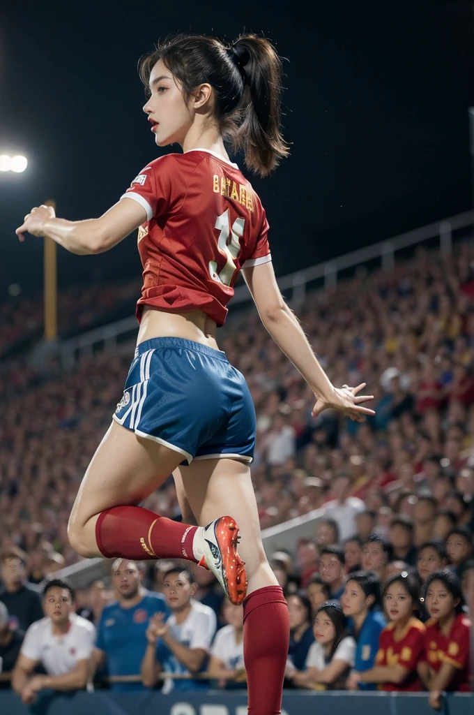 (((best quality))), (((ultra detailed))), (((masterpiece))), illustration,(a beautiful girl,female footballer,solo),(short ponytail:1.2),Spanish team,(short sleeves:1.2),((red jersey, blue shorts)),((slim,thin)),((small breasts,flat chest))),(football:1.2),determination, agility, passion, dedication, energetic crowd, vibrant atmosphere, electric, invigorating, chaotic, aggressive movements, powerful kicks, elegance, composure, intensity, sports, moment, perseverance, stands, packed stands, enthusiastic fans, roaring, supportive, cheering, chanting, sheen of sweat, skillful, dynamic, picturesque, atmospheric, action-packed, dramatic, realistic,adium, night game, stadium lighting, passionate player, focus, determination, talent, artistry, movement, speed, grace,((from front,full body)),(night scene:1.3)