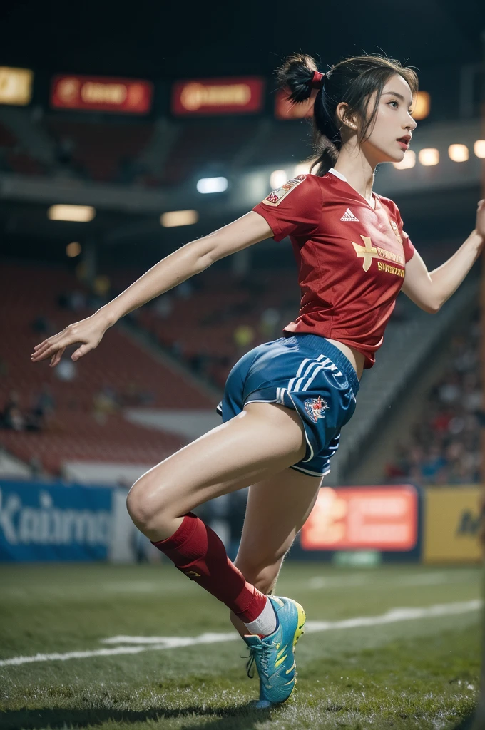 (((best quality))), (((ultra detailed))), (((masterpiece))), illustration,(a beautiful girl,female footballer,solo),(short ponytail:1.2),Spanish team,(short sleeves:1.2),((red jersey, blue shorts)),((slim,thin)),((small breasts,flat chest))),(football:1.2),determination, agility, passion, dedication, energetic crowd, vibrant atmosphere, electric, invigorating, chaotic, aggressive movements, powerful kicks, elegance, composure, intensity, sports, moment, perseverance, stands, packed stands, enthusiastic fans, roaring, supportive, cheering, chanting, sheen of sweat, skillful, dynamic, picturesque, atmospheric, action-packed, dramatic, realistic,adium, night game, stadium lighting, passionate player, focus, determination, talent, artistry, movement, speed, grace,((from front,full body)),(night scene:1.3)