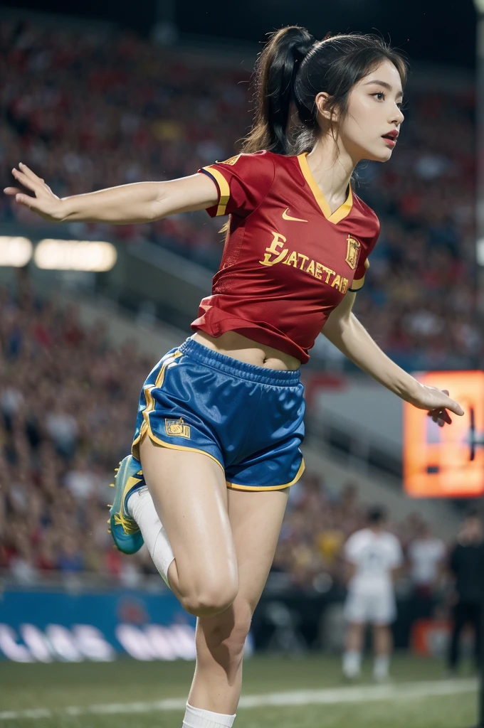 (((best quality))), (((ultra detailed))), (((masterpiece))), illustration,(a beautiful girl,female footballer,solo),(short ponytail:1.2),Spanish team,(short sleeves:1.2),((red jersey, blue shorts)),((slim,thin)),((small breasts,flat chest))),(football:1.2),determination, agility, passion, dedication, energetic crowd, vibrant atmosphere, electric, invigorating, chaotic, aggressive movements, powerful kicks, elegance, composure, intensity, sports, moment, perseverance, stands, packed stands, enthusiastic fans, roaring, supportive, cheering, chanting, sheen of sweat, skillful, dynamic, picturesque, atmospheric, action-packed, dramatic, realistic,adium, night game, stadium lighting, passionate player, focus, determination, talent, artistry, movement, speed, grace,((from front,full body)),(night scene:1.3)