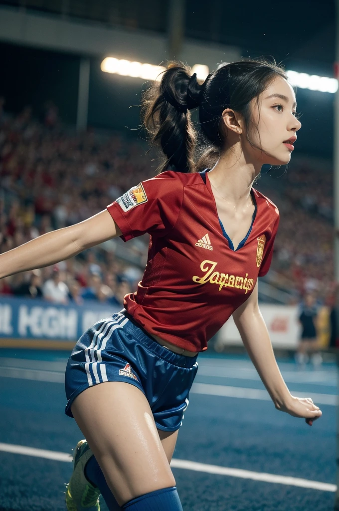 (((best quality))), (((ultra detailed))), (((masterpiece))), illustration,(a beautiful girl,female footballer,solo),(short ponytail:1.2),Spanish team,(short sleeves:1.2),((red jersey, blue shorts)),((slim,thin)),((small breasts,flat chest))),(football:1.2),determination, agility, passion, dedication, energetic crowd, vibrant atmosphere, electric, invigorating, chaotic, aggressive movements, powerful kicks, elegance, composure, intensity, sports, moment, perseverance, stands, packed stands, enthusiastic fans, roaring, supportive, cheering, chanting, sheen of sweat, skillful, dynamic, picturesque, atmospheric, action-packed, dramatic, realistic,adium, night game, stadium lighting, passionate player, focus, determination, talent, artistry, movement, speed, grace,((from front,full body)),(night scene:1.3)