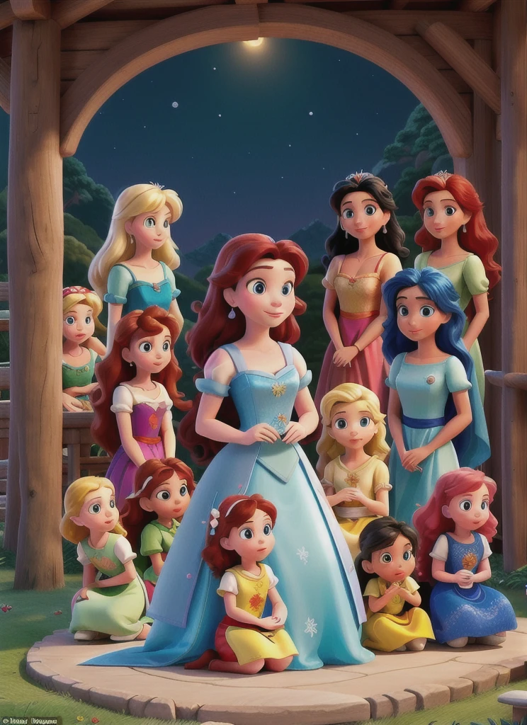 Add the 13 princesses in the canva which is Snow White, Cinderella, Aurora, Ariel, Belle, Jasmine, Pocahontas, Mulan, Tiana, Rapunzel, Merida, Moana, and Raya. In a Busy book Disney theme cover