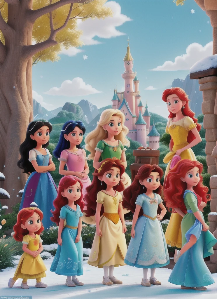 Add the 13 princesses in the canva which is Snow White, Cinderella, Aurora, Ariel, Belle, Jasmine, Pocahontas, Mulan, Tiana, Rapunzel, Merida, Moana, and Raya. In a Busy book Disney theme cover