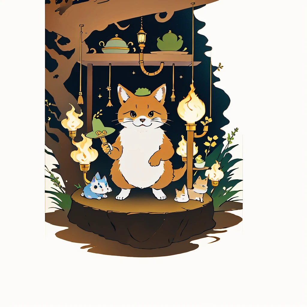 There is a ceramic figurine of a cat wearing a hat., inspired by Hanabusa Itchō II, Hedgehog with a pipe, inspired by Hanabusa Itchō, Fox with a torch, Turf Figure, Bottom View, creation, Written by Gusukukuma Seiho, Anthropomorphic Shiba Inu
