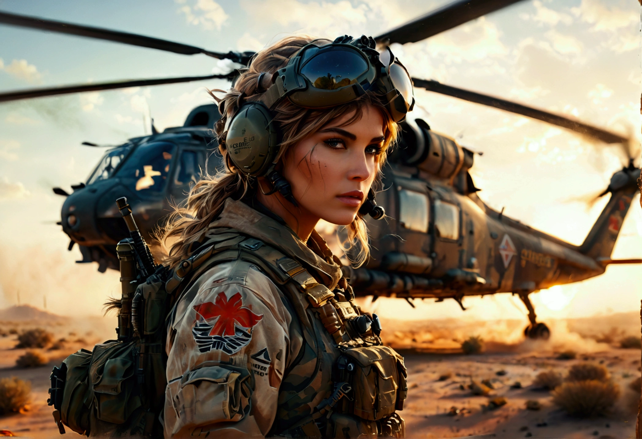 a combat helicopter with desert princess written on the side, a painting of a desert princess, military airfield, highly detailed, photorealistic, 8k, hyper detailed, cinematic lighting, dramatic sky, volumetric fog, epic, intricate details, award winning, masterpiece, studio quality, sharp focus, physically based rendering, extreme detail description, professional, vivid colors, dramatic lighting, atmospheric, gritty, military precision, seamless, stunning visual effects