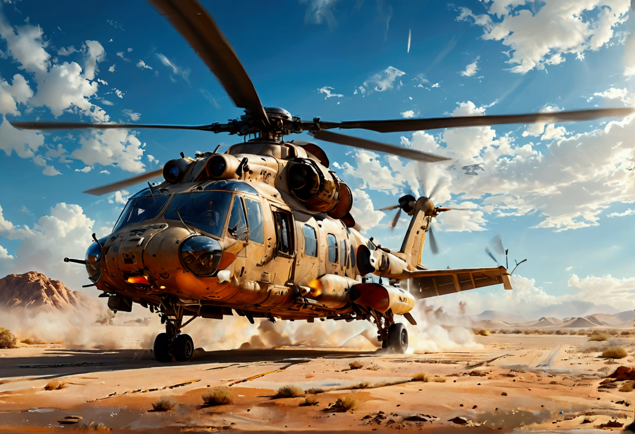 a combat helicopter with desert princess written on the side, a painting of a desert princess, military airfield, highly detailed, photorealistic, 8k, hyper detailed, cinematic lighting, dramatic sky, volumetric fog, epic, intricate details, award winning, masterpiece, studio quality, sharp focus, physically based rendering, extreme detail description, professional, vivid colors, dramatic lighting, atmospheric, gritty, military precision, seamless, stunning visual effects