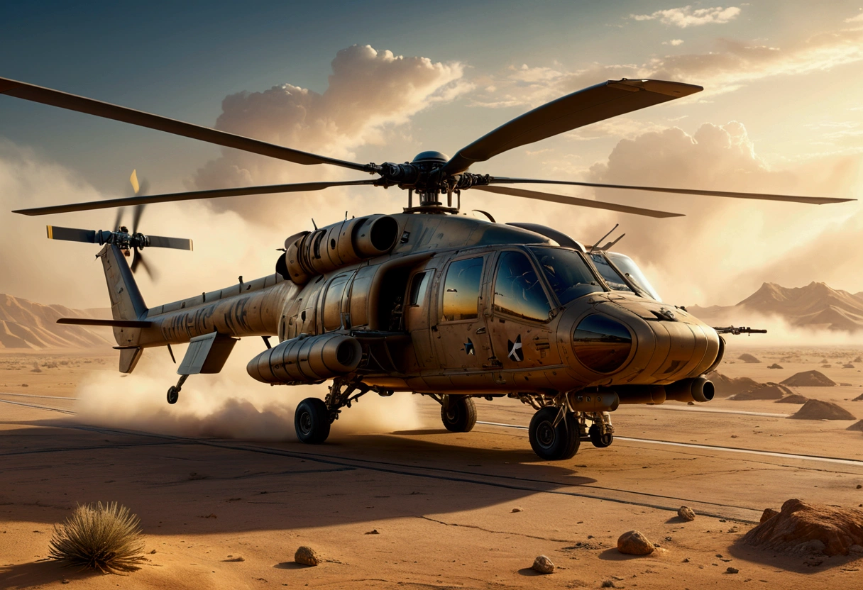 a combat helicopter with desert princess written on the side, a painting of a desert princess, military airfield, highly detailed, photorealistic, 8k, hyper detailed, cinematic lighting, dramatic sky, volumetric fog, epic, intricate details, award winning, masterpiece, studio quality, sharp focus, physically based rendering, extreme detail description, professional, vivid colors, dramatic lighting, atmospheric, gritty, military precision, seamless, stunning visual effects