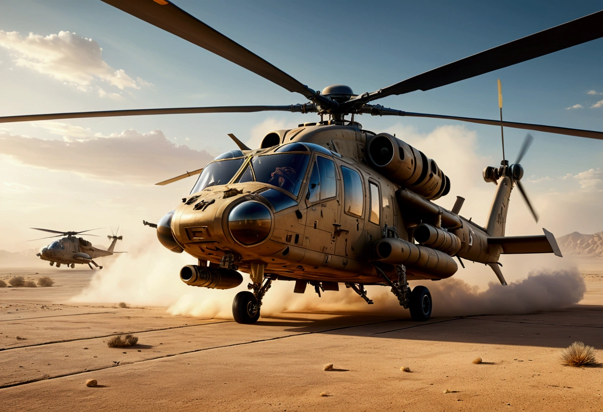 a combat helicopter with desert princess written on the side, a painting of a desert princess, military airfield, highly detailed, photorealistic, 8k, hyper detailed, cinematic lighting, dramatic sky, volumetric fog, epic, intricate details, award winning, masterpiece, studio quality, sharp focus, physically based rendering, extreme detail description, professional, vivid colors, dramatic lighting, atmospheric, gritty, military precision, seamless, stunning visual effects
