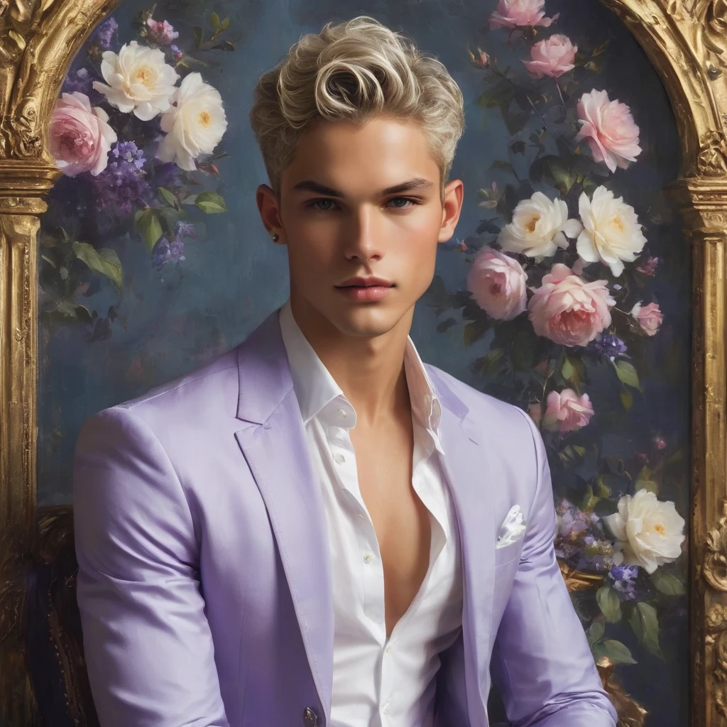 Candid Vogue fashion editorial shot of mixed male supermodel, 23 year old, short platinum silver hair, masculine appearance with slender physique, symmetric face, natural olive skin tone, exudes youthfulness and athleticism, he is very photogenic, Position against an ornate dark purple background featuring a floral painting wallpaper to add depth and richness to the scene, ((Depict Lucifer as a charismatic and sophisticated figure)), He is a striking presence with an air of mystery and intelligence. wears a well-fitted, light purple blazer over a white shirt, with dark jeans and stylish shoes. His demeanor is confident and charming, with a subtle hint of his divine origins in his calm and intense gaze. The background should be a modern, urban setting with a blend of sophistication and casualness, evoke the soft ethereal quality of the Renaissance style, raw photo, ((masterpiece)), (best quality), High Resolution, (ultra_realistic), photorealistic, ((Pay attention to the layer and arrangement of body parts and surrounding objects)), ((Pay attention to the body composition)), ((Correct body structure)), ((Correct photo distance)), romantic atmosphere, lively extremely Gorgeous background),