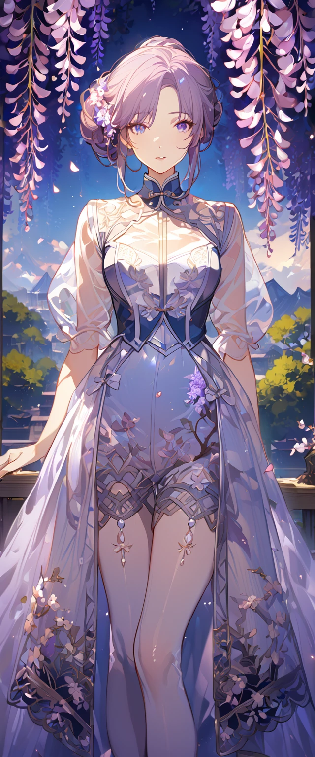 wisteria flower, wisteria tree, wisteria background, 8k ,4k , best quality, high quality, masterpiece, transparent clothes, embroidery  clothes, big chest, all kind of hairstyle, inspired by Asukaziye artist : ask, art style : ask