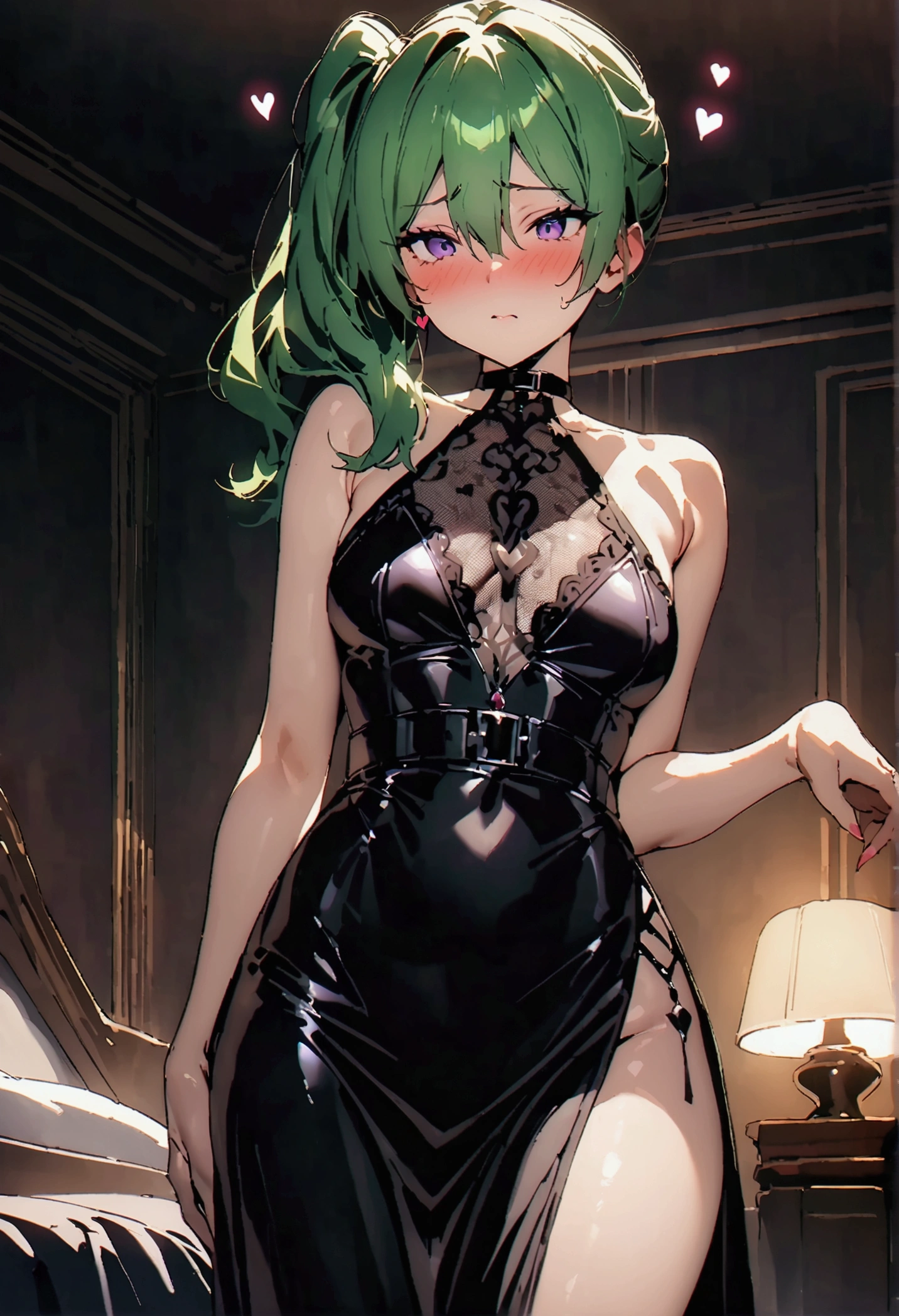 NSFW,masterpiece,Highest quality,High resolution,Super detailed,Uber\(Funeral of Frieren\),Green Hair、bangs、Hair between the eyes、Side Ponytail、Purple Eyes、Black choker、clavicle、High slit lace long dress、Sleeveless dress、Halter neck,belt,Embarrassed,blush,Luxurious Room,Brothel at night,heart,Sexy pose