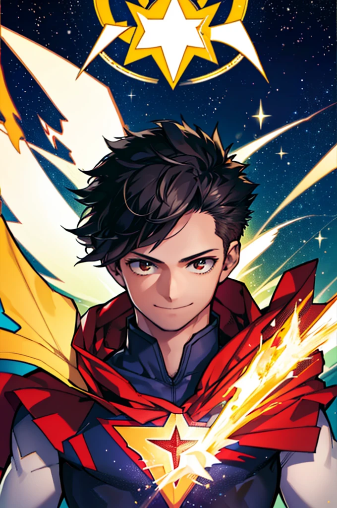 1.5, best quality, high quality, High definition, High quality texture, high detail, beautiful detailed, finely detailed, extremely detailed cg, detailed texture, 1man, boy, male, ((beacon of hope)), cape, superhero attire, flying, starman, black hair, short hair, kind smile
