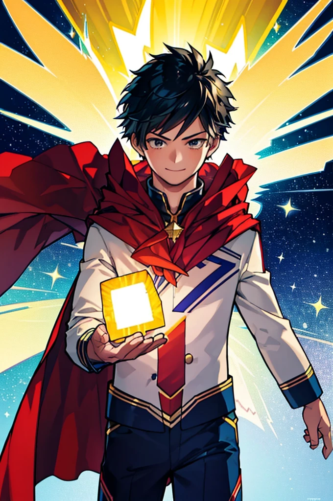 1.5, best quality, high quality, High definition, High quality texture, high detail, beautiful detailed, finely detailed, extremely detailed cg, detailed texture, 1man, boy, male, ((beacon of hope)), cape, superhero attire, flying, starman, black hair, short hair, kind smile