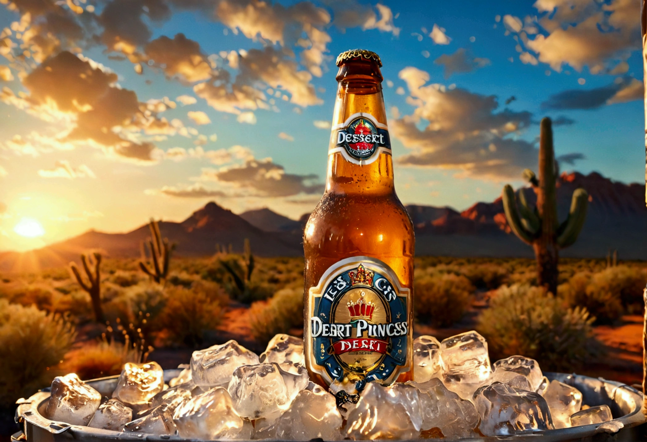 A beer commercial, unopened bottle of beer in ice chest, label reads 'Desert Princess'
