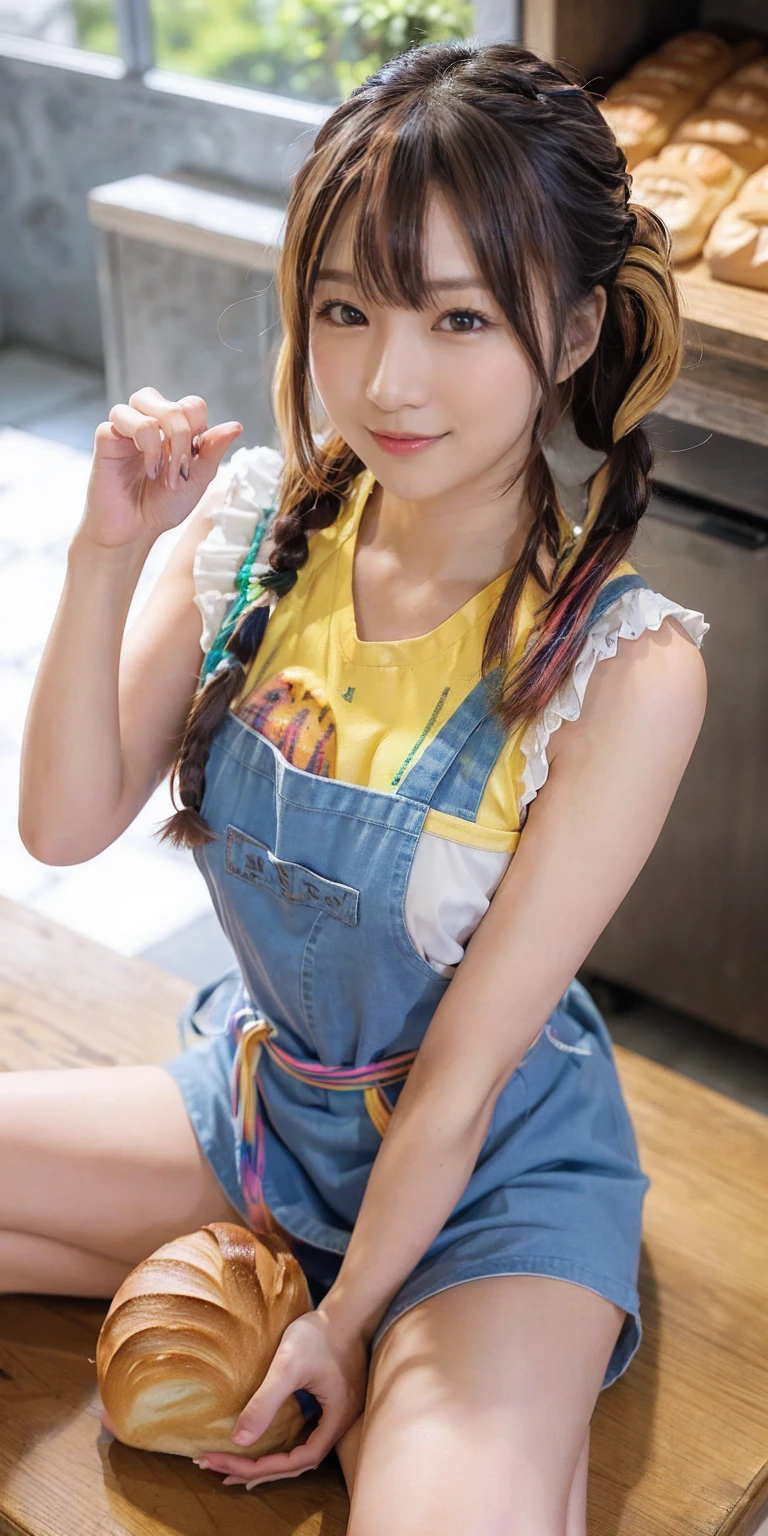Fluid organization:1.6), 本当に野生の髪を持つ一人のbeautiful女の子, (Colorful wavy hair:1.2),( Two long braids:1.2), (Long wild hair:1.2), (Multicolored Hair: 1.9),可愛いsmile
パン屋販売スタッフ、(((Low - Angle:1.4)))、((One hand raised))、((She is wearing a colorful and pop blouse and apron.)),(;have big bread))、(((Spread your legs:1.4)))、,(((beautiful armpits:1.2)))、High resolution、Bakery、、smile、Finished as in the picture、white and beautiful skin、Focus on small breasts、((beautis finger))、Bakeryの制服を着ています、最high quality、High resolution、Very detailed、masterpiece、Live Shooting:2、Genuine:2、photoGenuineistic:2、very delicate and beautiful、Fine details、Textured skin、Full Shot、、(beautiful face:2)、hot pants、Putting on makeup、Perfectly balanced legs:1.5), Looking at the camera, Angle from above, (((hot pants))), High resolution、未来のBakery、Delicious bread that women will love、Looking at the camera、smile、Finished as in the picture、、(((I have a big loaf of bread)))、(((cute smile)))、((((Eat delicious bread)))))、((I love bread))、(front focus piece:1.3), 
、Cute Apron、Rainbow Apron、Bakeryの制服を着ています、明るすぎるNatural light、Shining sunlight、最high qualityのディテール, Japanese Girls,1 girl, 8K, RAW Photos, 最high quality, Ticker:1.2, Very detailedなRAWカラー写真, Professional photos, (reality, photoGenuineisticです:1.37), (Very detailedな皮膚:1.2), 超High resolutionな, (Lenz 50mm),,絶妙にFine grain,Look at the person watching,Pretty face, Just Mile:1.05),Wide Hips,Straight hair,,Light pink inner color、 white and fine skin、(Very detailedな8K cg:1.2), (hyper Genuineistic:1.35), (photoGenuineisticです:1.45), (reality:1.4), 

(背景はBakery:1.1)、Sexy upward glance, y detailed、masterpiece、最high quality、Ultra-high resolution energy A、8KのHigh resolutionにより、Transparency as shown in the photo、Fine grain、Expression of gradation、Perfect anatomical figure ,hard disk、Ticker (English) 、 Nikon Z9 80mm Lens ,、明るすぎるNatural light、Shining sunlight、、Ultra slim body、Slender model figure、beautiful姿勢、, 最high quality, 8K, RAW Photos, Confused, Award-winning portraits, shy smile, shy smile, , Delicate girl,, Digital SLR, View your viewers, Frank, Sophisticated, Thin arms, Professional Lighting, Film Grain, chromatic aberration, (Fine grainと顔:1.0), Live Shooting、(((A portrait of extreme beauty)))、((Glowing Skin))、1 girl、16 year old beautiful girl 、Bright expression、((Platinum Blonde Hair))、[Big blue eyes that sparkle like jewels]、Shiny skin、silky super long Straight hair、eyeliner、beautiful前髪、Hair around the eyes、最high quality、Very detailed、Film Light、Intricate details、High resolution、Very detailed))、Detailed Background、8KUHD、Digital SLR、Soft Light、high quality、Film Grain、Fujifilm XT3 、Shallow depth of field、Natural light、(((Spread your legs:1.4)))、Pieces fly、High resolution、Bakery、16-year-old girl、smile、Finished as in e and beautiful skin、Focus on small breasts、最high quality、High resolution、Very detailed、mace、Live Shooting:2、、neon hair clip,masterpiece、最high quality、
One girl,Ives Girl,beautiful照明,(((Anyone can see the D logo.:9)))