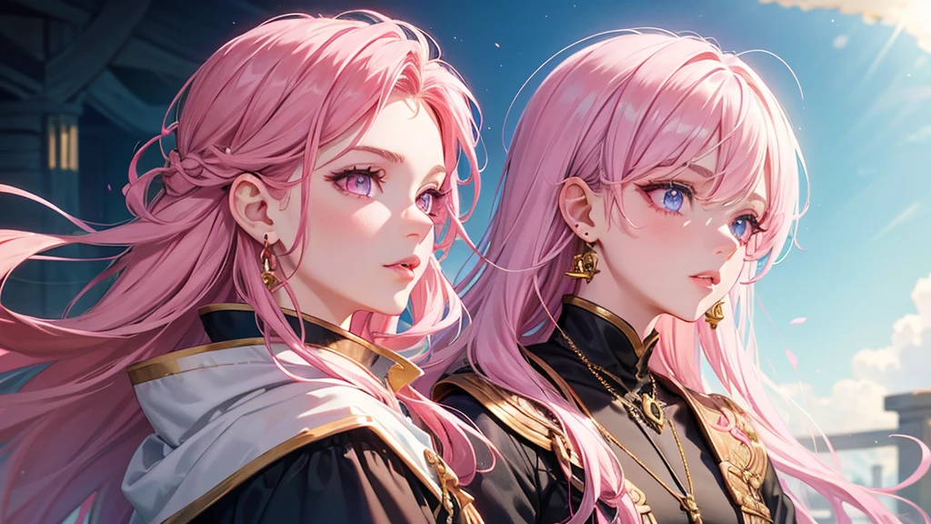 Fantasy Adventurers, 1 Girl, boy by 2 person, Long Hair, Looking at the audience, Blue Eyes Background, White Background, jewelry, Mouth closed, Upper Body, Pink Hair, Earrings, Pink Eyes, necklace, From the side, knight, lips, eyelash, Compensate, Wavy Hair, Earrings, cross, lipstick, ear Earrings, eye shadow, hoop Earrings, pink lips, Variegated eyes, Pink Theme, , pink eye shadow,