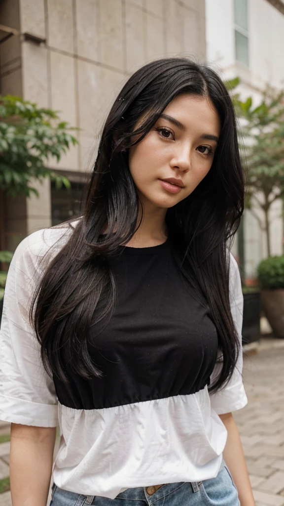 I want a real face of a white woman with wavy black hair with Asian features, beautiful with a strong look