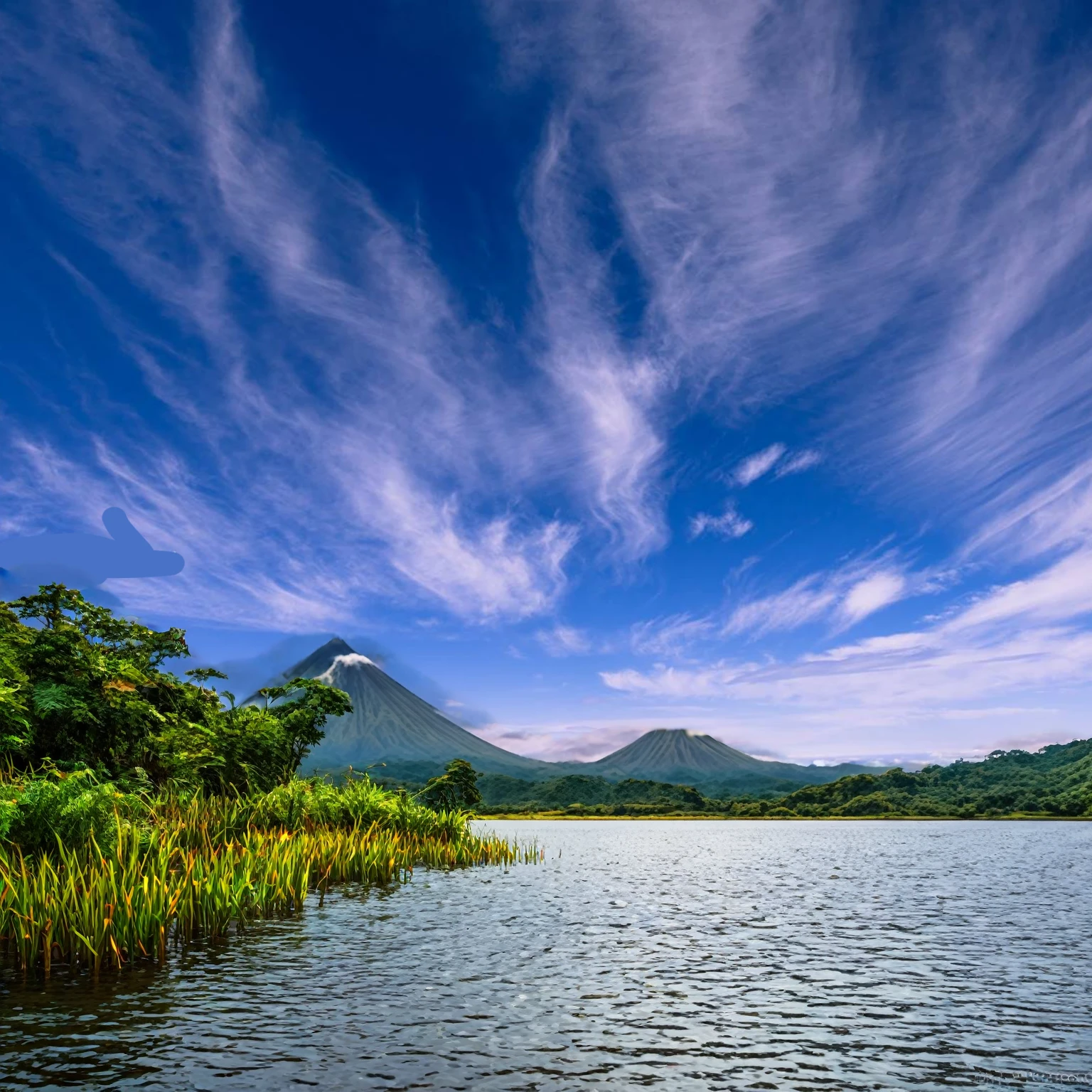 Summer sky,((Painterly style), Realistic, highly Realistic, Attention to detail, breathtakingly Realistic, High contrast realism, High Saturation Realism, Vibrant colors), (Lake in Costa Rica, Mountains visible in the distance々:1.3),(cloud:-1),Typha grows near water.,Dramatic lighting, Fascinating landscape, Persuasive storytelling, Atmospheric scene, Captivating visuals, Intricate details, Strong emotions, Heavenly Beauty, A dreamlike world