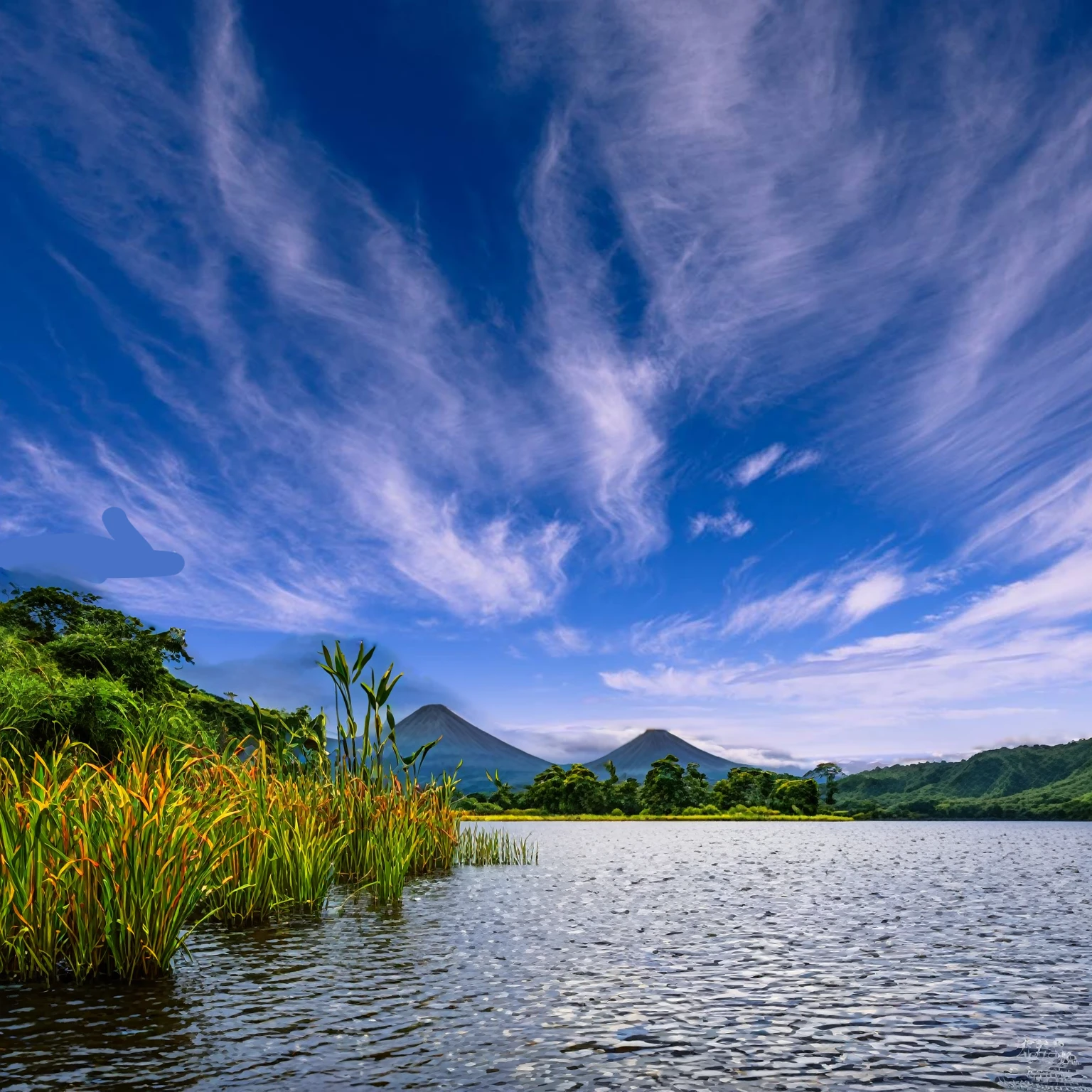Summer sky,((Painterly style), Realistic, highly Realistic, Attention to detail, breathtakingly Realistic, High contrast realism, High Saturation Realism, Vibrant colors), (Lake in Costa Rica, Mountains visible in the distance々:1.3),(cloud:-1),Typha grows near water.,Dramatic lighting, Fascinating landscape, Persuasive storytelling, Atmospheric scene, Captivating visuals, Intricate details, Strong emotions, Heavenly Beauty, A dreamlike world