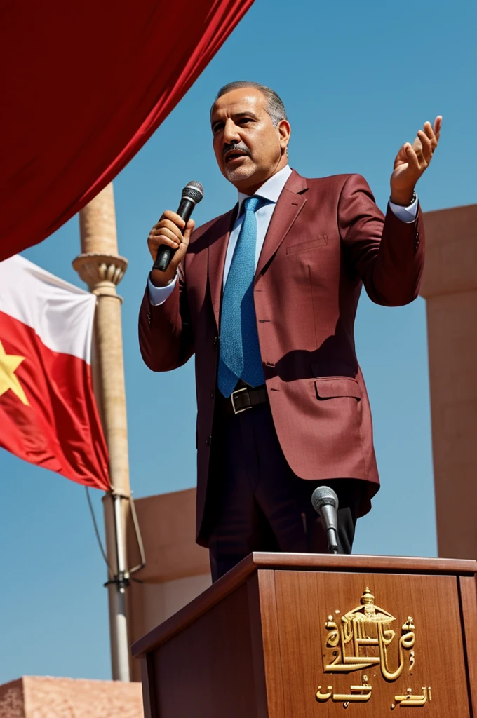 Create the image of a 50-year-old Moroccan male politician giving a 1970s-oriented Soviet Union-style speech