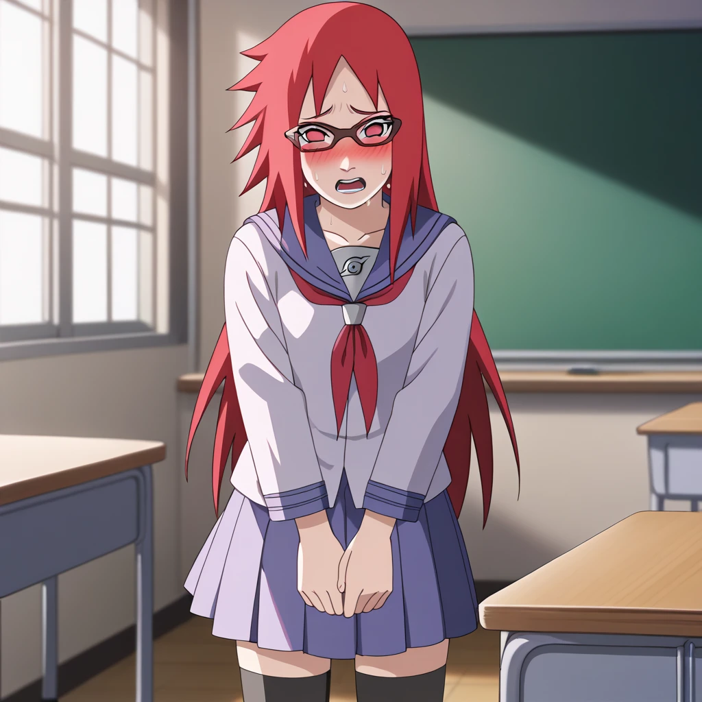 Red hair, 1 Girl, Glasses, Long hair, Red Eyes, Solitary, Sailor Suit，Umbilical cord, Looking at the audience，No students, Japanese cartoons screencap, Japanese cartoons coloring,src_Japanese cartoons,Naruto \(series\), Naruto shippuuden,（（blush，nervous，Vision，classroom，Kneel down，））masterpiece， absurd ， （Intricate details）， （Colorful）， light， Extremely detailed CG unity 8k wallpaper ，1 Girl， solo，（shy，classroom，night，blush，nervous，Sweating，蕾丝dress， ），sweat，blush，blush1.5，Blush，Medium chest，（（dress，Black stockings，）），（dress，Uncomfortable expression，Mouth open，spit）