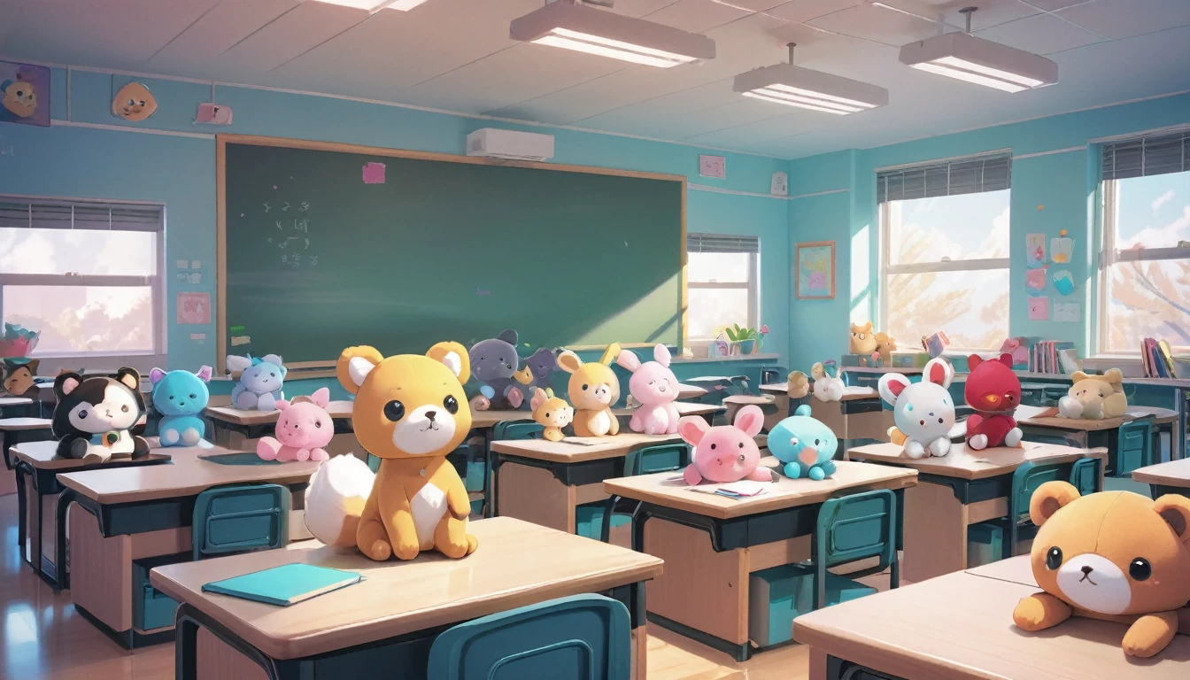 there are many stuffed animals sitting in a classroom with desks, classroom background, adorable digital painting, cute 3 d render, artwork in the style of guweiz, animation style render, typical anime classroom, kawaii hq render, childrens art in artstation, cute detailed digital art, highschool background, cute digital art, in the style of ross tran