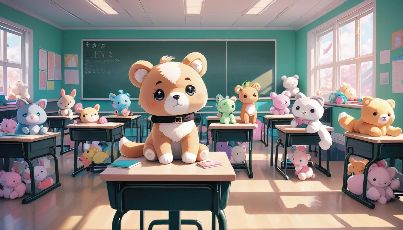 there are many stuffed animals sitting in a classroom with desks, classroom background, adorable digital painting, cute 3 d render, artwork in the style of guweiz, animation style render, typical anime classroom, kawaii hq render, childrens art in artstation, cute detailed digital art, highschool background, cute digital art, in the style of ross tran