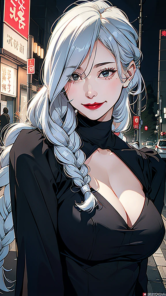 {-erro_de_anatomia:1.0} ultra realistic 8k cg, masterpiece, ((ultra detailed background, delicate pattern, intricate detail)), (highly detailed, finest detail quality, 1girl, (photorealistic:1.4), beautiful lighting, ridiculous , RAW photo, film grain, ((medium breasts, slim girl)) 1girl, MeiMei, solo, long hair, braid, dress, hair over one eye, smile, braided bangs, braided ponytail, white hair, , holding, makeup , gray hair, red lips, one eye closed, lipstick, parted lips, single braid, (intricately detailed background, outdoor, environment), black dress, Mei Mei from Jujutsu Kaisen, BIG, BIG CAPS, black clothes, meimei (jujutsu kaisen), black dress with big cleavage, bare chest, grin