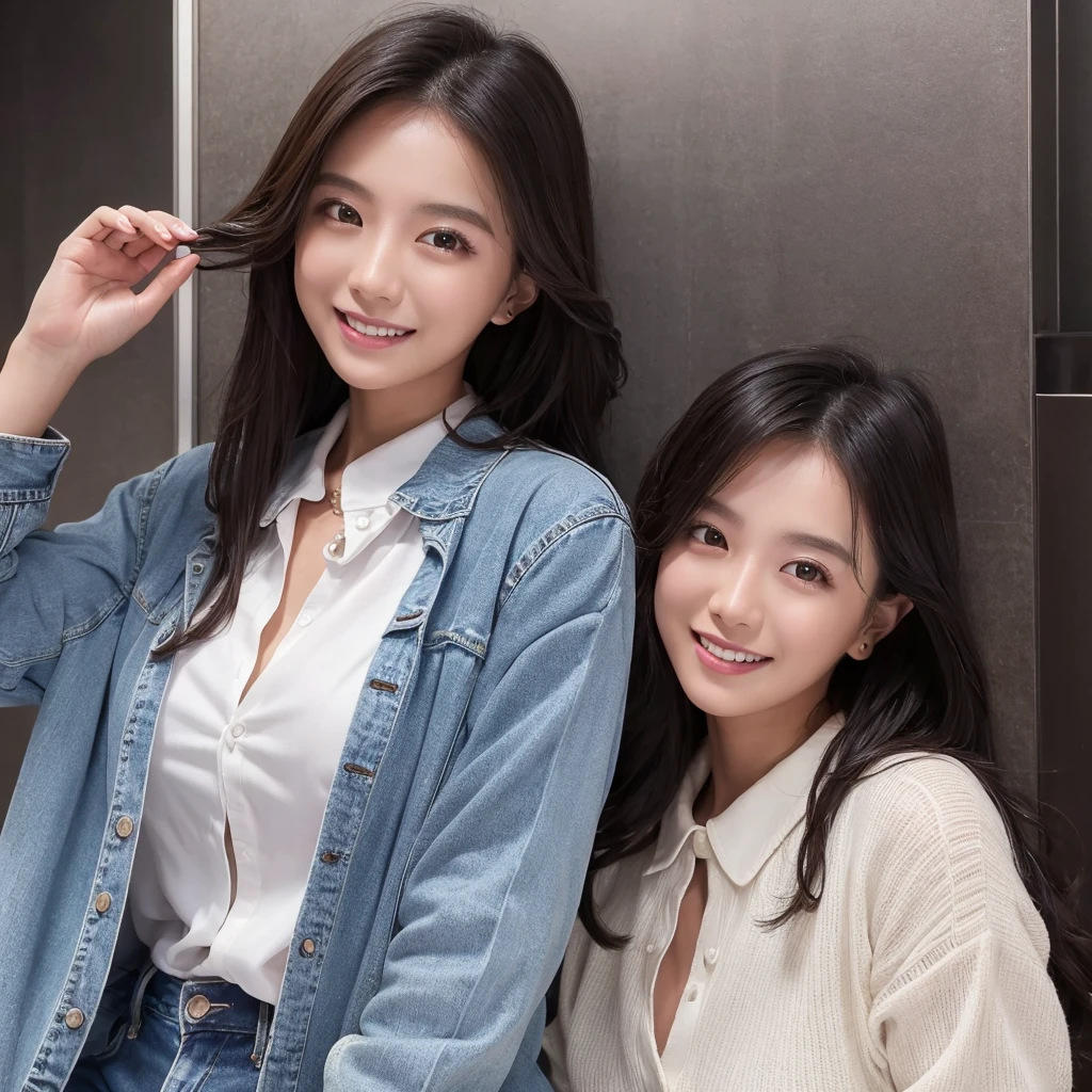 HD detailed, Super detailed, Realistic,Hyperrealism,Best image quality、Highest quality、masterpiece、Ultra-high resolution、Like the picture:1.5、Professional Lighting、One Girl、18-year-old,Japanese women,Long sleeve、Button up your collar、Wearing a denim shirt and jeans、A kind smile、Show the whole body、Baths、I take a shower