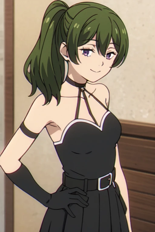 masterpiece, best quality, laegjarn fe, black dress, fingerless gloves, black thighhighs, cowboy shot, (looking at viewer), smile <lora:laegjarn-fef:0.9> <lora:YorBlackDress:0.9>