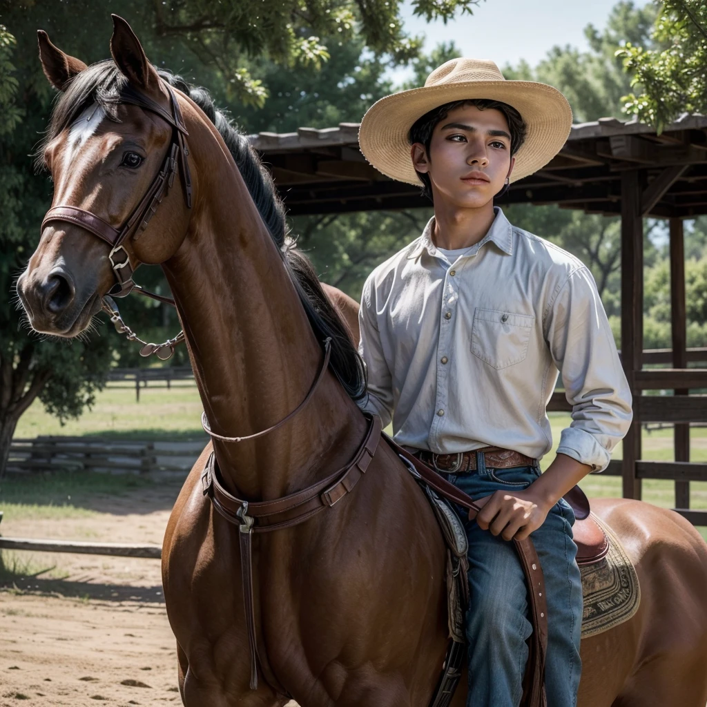 poor mexican ranch young man with hat, riding a horse working with many dreams and goals ( That the young man is looking at some luxurious trucks )