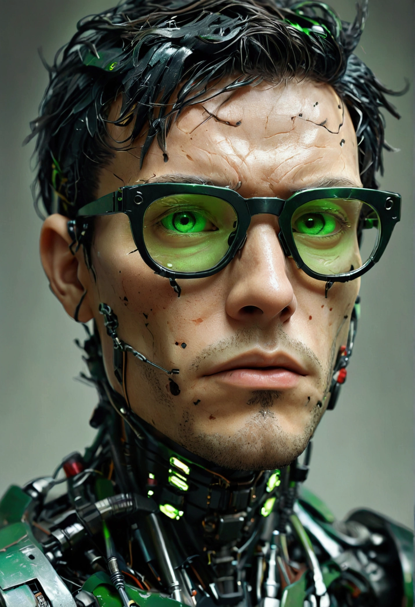 Male body hair of robot with black rimmed glasses with crumpled hair, Look to the camera ::futuristic cyberpunk style ,realistic styling ::n_digital painting style, deformed parts, deformed face ::seed 1、Black Edged Hair、large nose、Green-based clothing