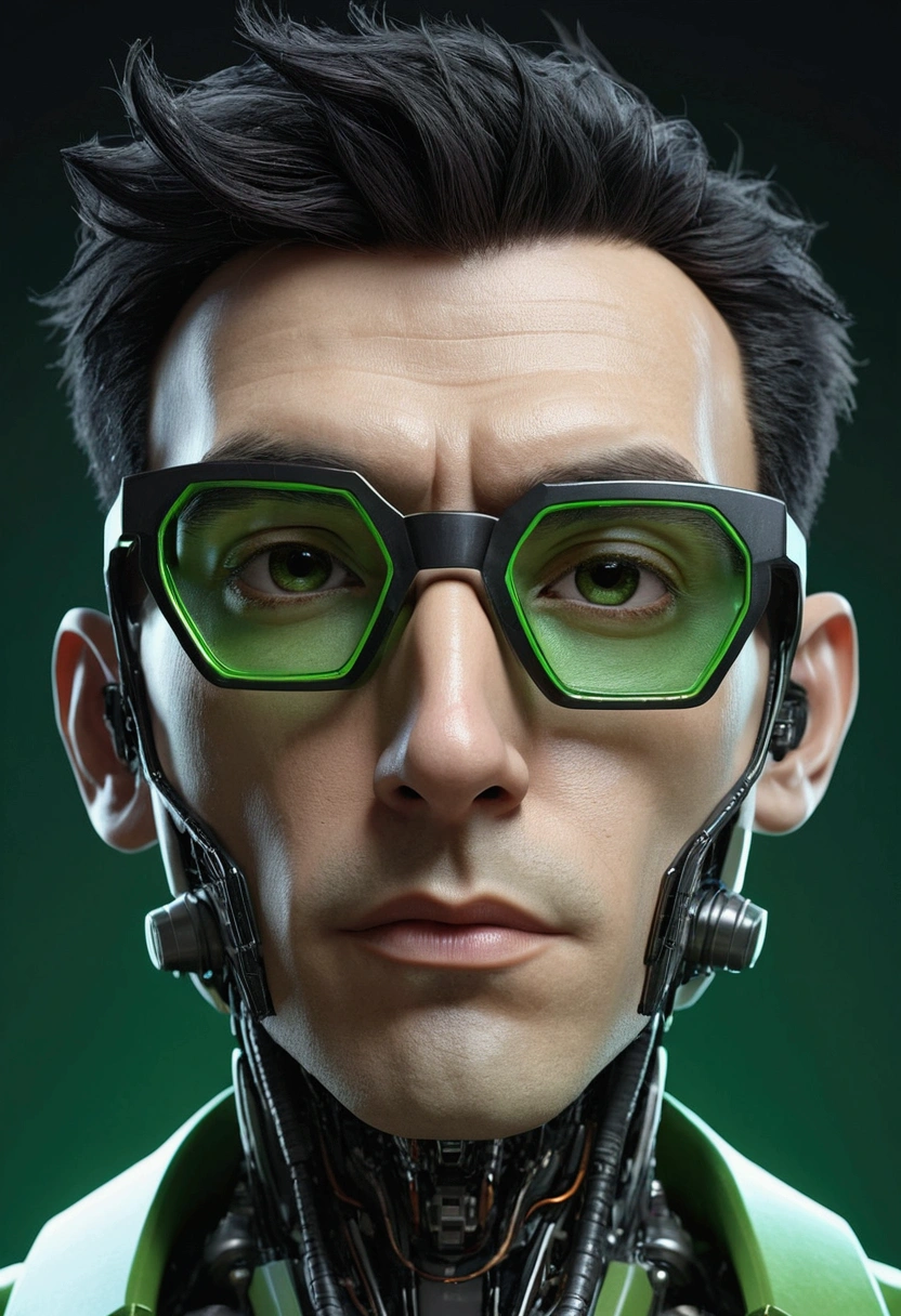 Male body hair of robot with black rimmed glasses with crumpled hair, Look to the camera ::futuristic cyberpunk style ,realistic styling ::n_digital painting style, deformed parts, deformed face ::seed 1、Black Edged Hair、large nose、Green-based clothing