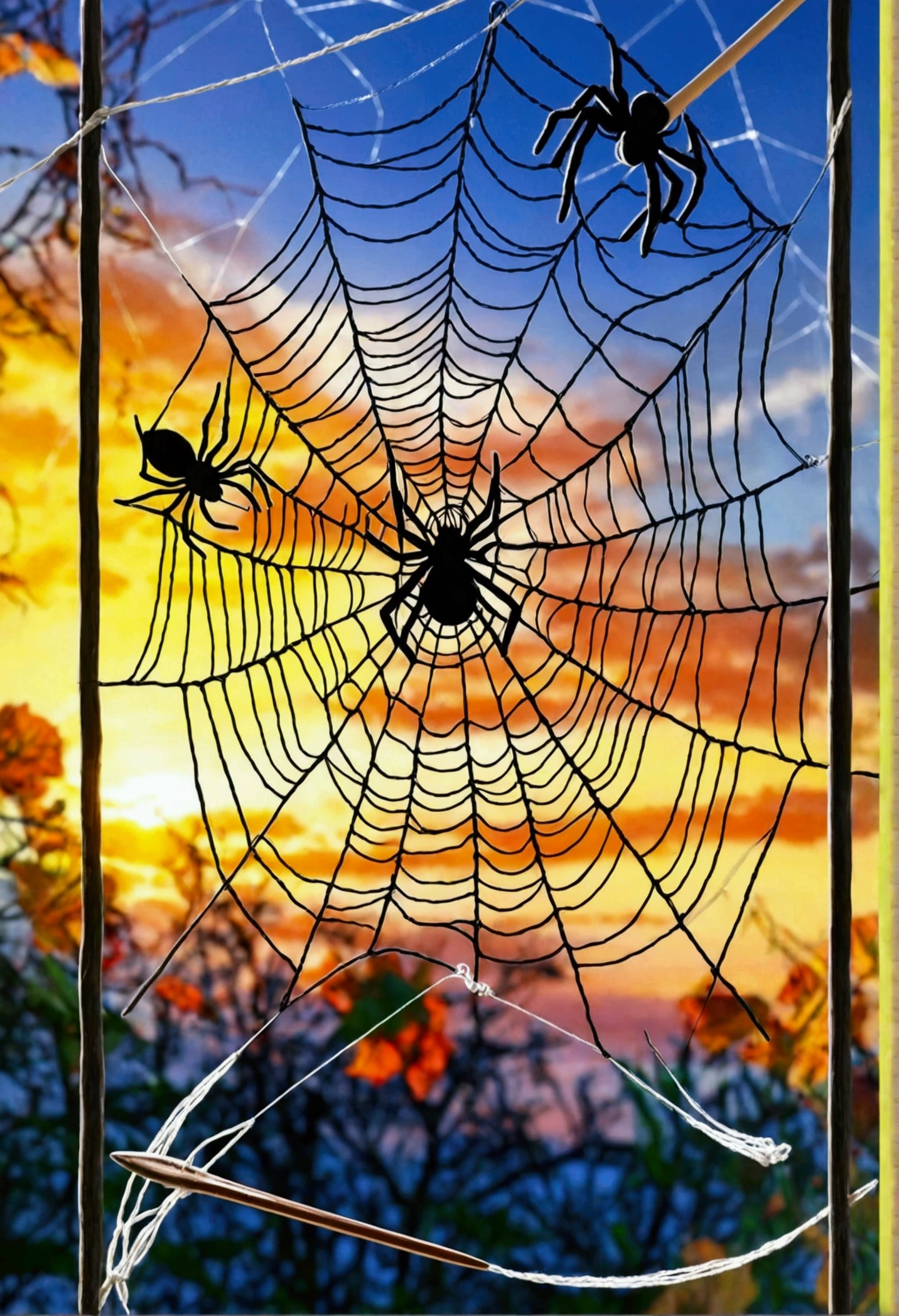 Logo for hand knitting company, called tofana, spider web logo, tofana written in the spider web, and some knitting needles on one of the sides of the spider web.