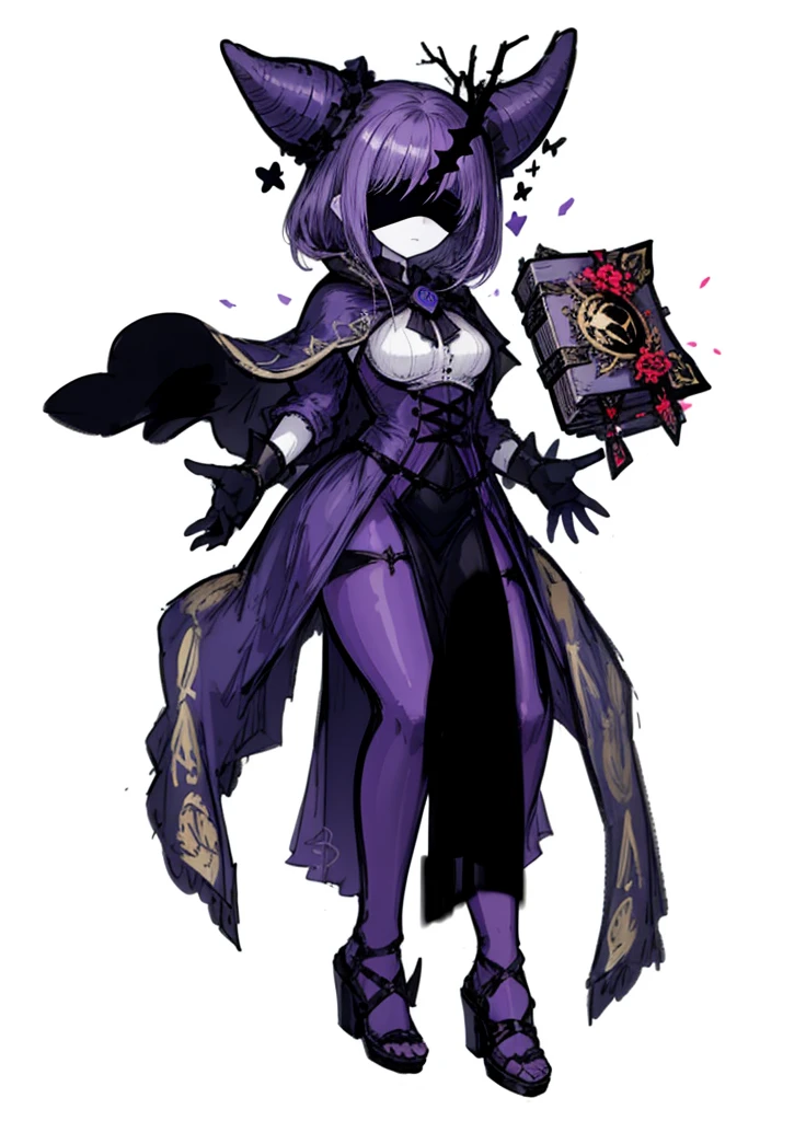 1girl, pale skin, black blindfold, purple hair, magic book, necromancer, nice clothes, (high resolution, high detail, best quality) sleeping