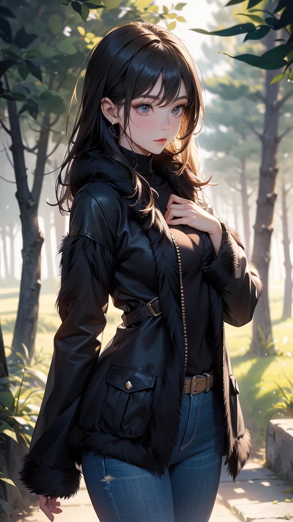 work of art, best qualityer, ultra epic details, creative, good lighting, excellent shading, light color tone, (4K), (face 8k), water effects, forest in the background, lightning and thunder, haos, tempest, rot, rosto angelical,, Perfection!, fur coat, jeans