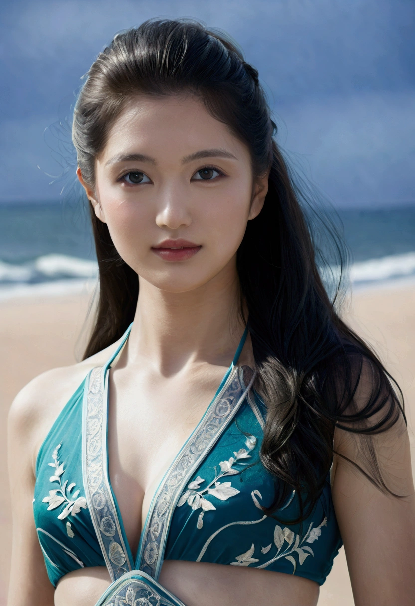 ((Masterpieces with up to 16K resolution:1.6)),Highest quality,it is really amazing,Very detailed,Ultra-high resolution,(Real:1.5),(Realistic:1.5),Increased depth of field,Cinematic Light,
Elegant mature woman,
Long black hair,(Exquisitely detailed face:1.5),Face with a gentle expression,Translucent white skin,Very sensitive skin,Great proportions,Anatomically correct body,
Elegant bikini swimwear,Artistic design,Beautiful and detailed pattern,Detailed fabric texture,Gorgeous necklace,
Coastal landscape at dusk,Dark clouds and dark sky,delay々Continuing sandy beach, Deserted Beach,Dark sea surface,
(Dramatic Angle:1.6),