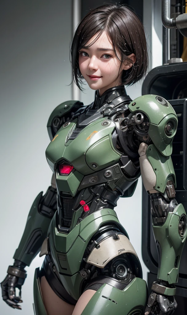 Textured skin, Very detailed, Attention to detail, high quality, 最high quality, High resolution, 1080P, hard disk, beautiful,(War Machine),beautifulサイボーグ女性,Dark Green Mecha Cyborg Girl,Fight,Girl with a mechanical body,、Plain junior high school girl Boyish short hair、Sweaty brown eyes、Sweaty face、Expressions of joy Blushing Cute Smile Black-haired ((Steam coming from the head)) (Steam coming out of the whole body) Cool pose Gloss Sweat flies