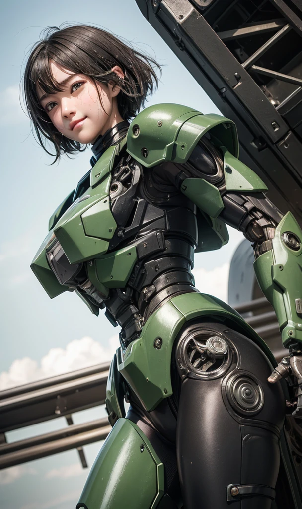Textured skin, Very detailed, Attention to detail, high quality, 最high quality, High resolution, 1080P, hard disk, beautiful,(War Machine),beautifulサイボーグ女性,Dark Green Mecha Cyborg Girl,Fight,Girl with a mechanical body,、Plain junior high school girl　Boyish short hair、Sweaty brown eyes、Sweaty face、Expressions of joy　Blushing　Cute Smile　Black-haired　((Steam coming from the head)) (Steam coming out of the whole body) Cool pose　Gloss　Sweat flies
