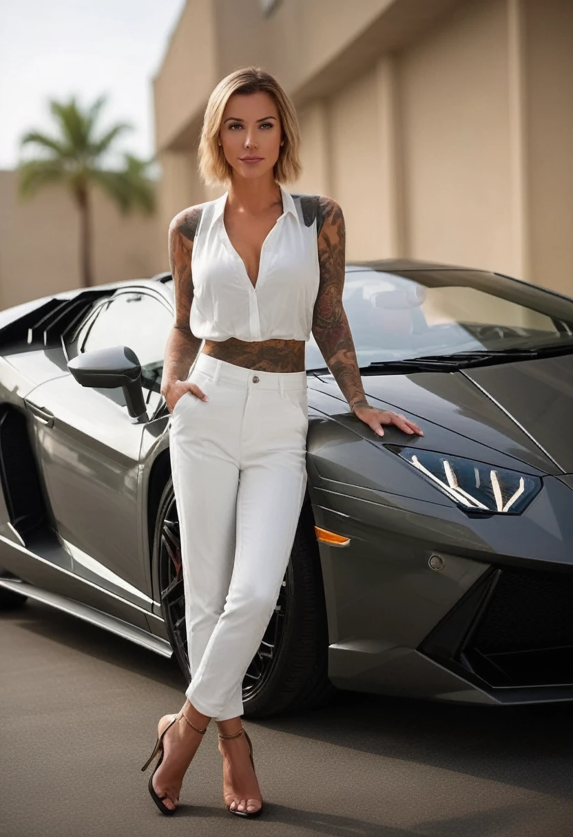 magine a captivating scene where Laurence Bedard confidently sits behind the wheel of a sleek Lamborghini sports car. Dressed in fashionable shorts and a cropped t-shirt, her outfit exudes casual elegance and allure. With a radiant smile on her face, she embodies confidence and sophistication. The setting is glamorous, with the metallic paint of the Lamborghini gleaming under vibrant lights. The atmosphere is chic and inviting, with photorealistic lighting casting dramatic shadows and highlights. Laurence's dynamic pose showcases the powerful engine and precision engineering of the luxury vehicle. Ensure that the final output exudes realism and glossiness, capturing every detail with precision and clarity, enhancing Laurence Bedard's natural beauty with ultra-realistic quality.